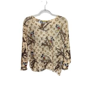 Free For Humanity Sweater Womens O/S Tan Mickey Mouse Monogram Knit Top